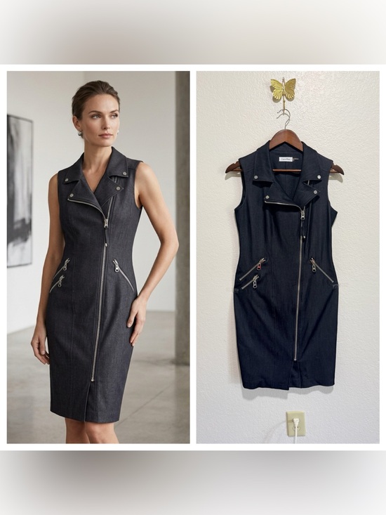 Calvin Klein Dresses & Skirts - Calvin Klein Stretch Charcoal Moto Sheath Dress knee length Size 4 NWOT